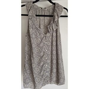 Banana Republic Blouse M Floral Gray Beige Silk Women's Top Feminine Ruffles